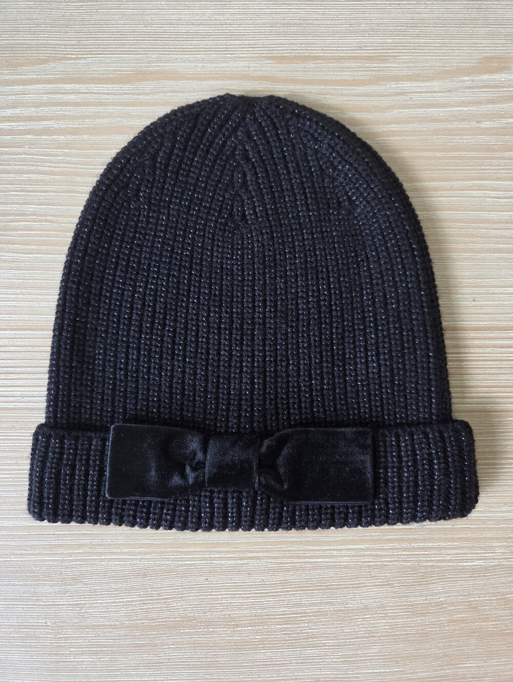 Kate Spade New York Black Ribbed Knit Beanie Velvet Bow Womens One Size